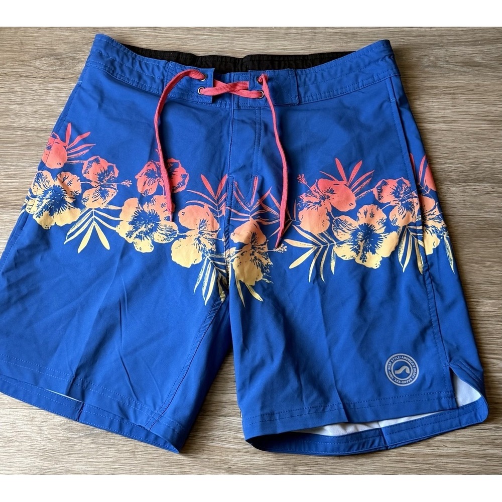 Surf Style Hybrid BoardShorts Mens 34 Blue Hibiscus Chino Pockets Swim Tropical